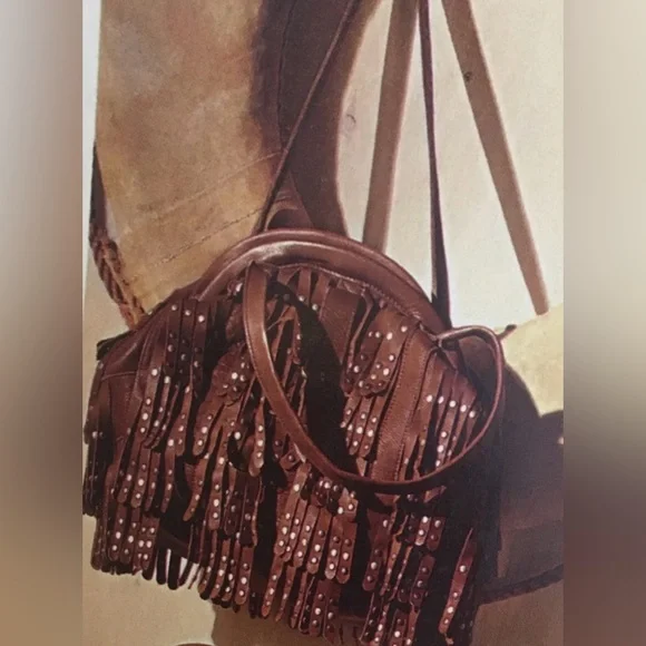 Lucky Penny Anthropologie Sunlit Fringe Soft Leather & Studs Hobo Bag Festival - Picture 2 of 16